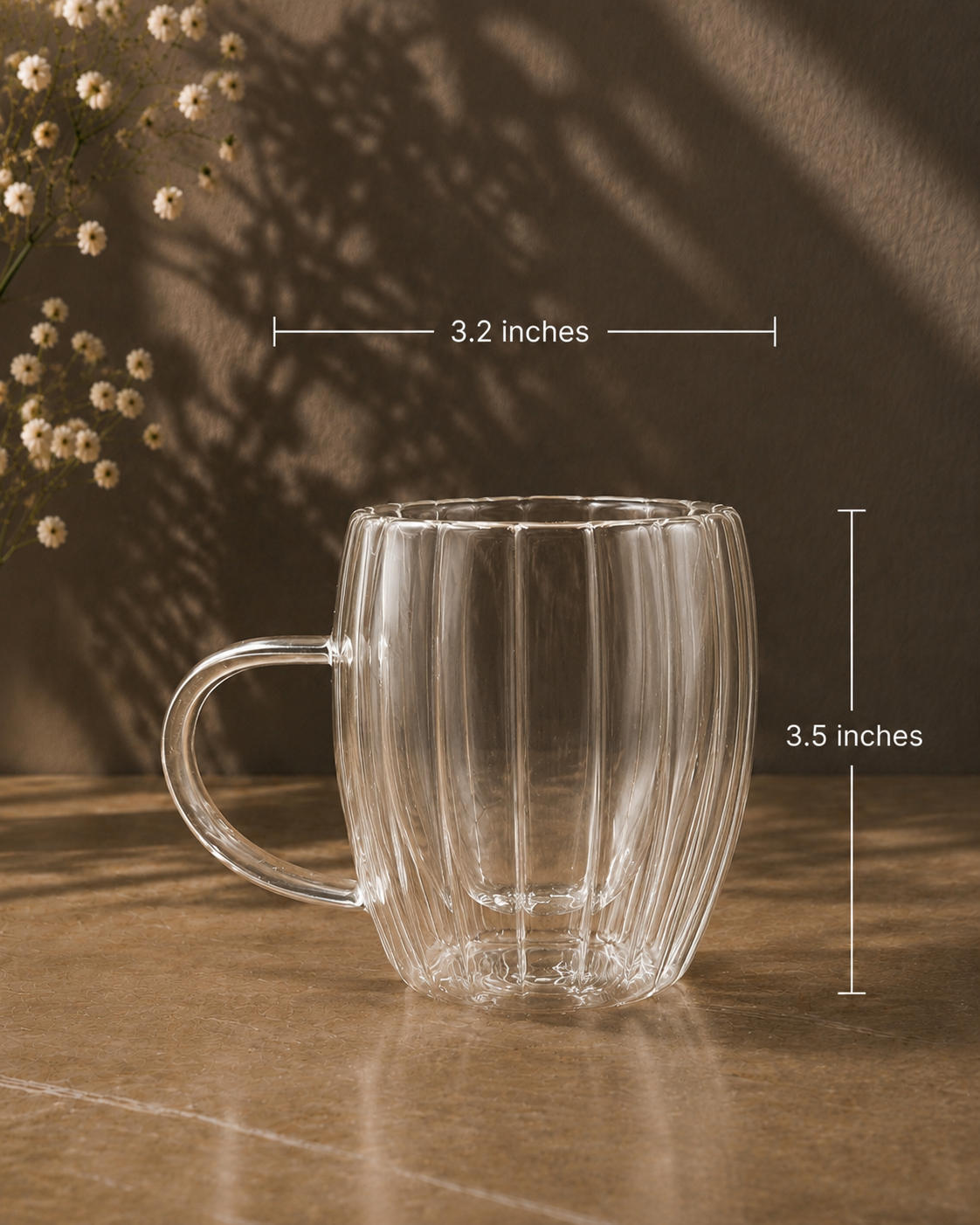 Fluted Double Wall Glass Mug Set | Coffee & Tea Cups| Set of 2
