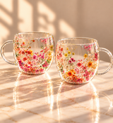 Floral Double Wall Glass Mug Set | Coffee & Tea Cups| Set of 2