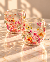 Floral Double Wall Glass Mug Set | Coffee & Tea Cups| Set of 2