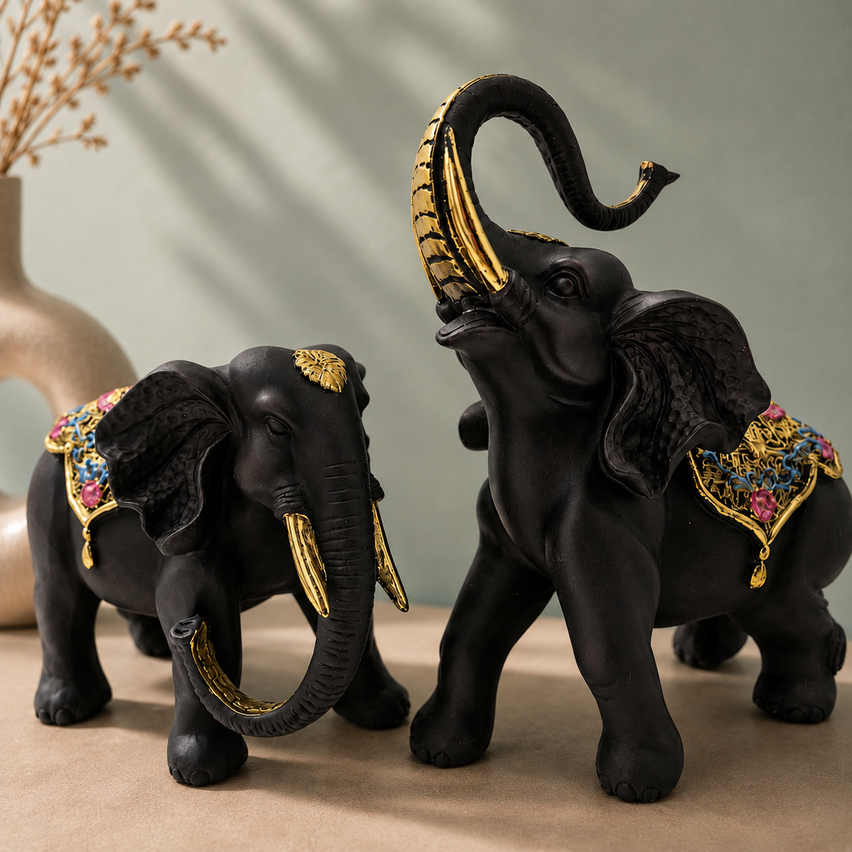 Premium Elephant Pair Statue for Home Decor | Vastu Decorative Showpiece | Symbol of Strength, Wisdom & Prosperity