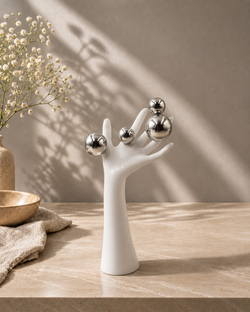 White Hand Sculpture with Silver Orbs | Modern Abstract Home Decor