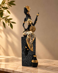 African Girl with Guitar Figurine | Black & Gold Decorative Showpiece
