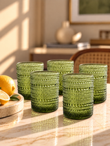 Olive Green Embossed Drinking Glasses Set of 6 | 340ml Tumblers