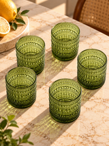 Olive Green Embossed Drinking Glasses Set of 6 | 340ml Tumblers