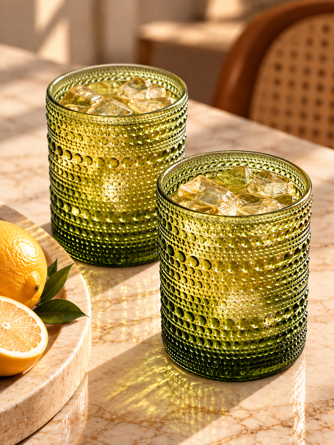 Olive Green Embossed Drinking Glasses Set of 6 | 340ml Tumblers
