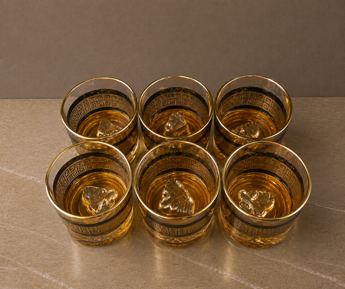 Designer Whiskey Glass Set of 6 | Elephant Base DOF Tumblers | 320 ml | Gold