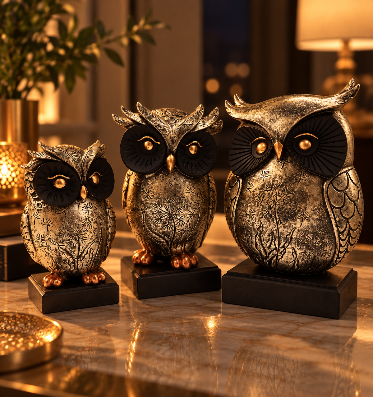 Lucky Owl Family Figurine Set | Decorative Owl Showpiece for Home Decor