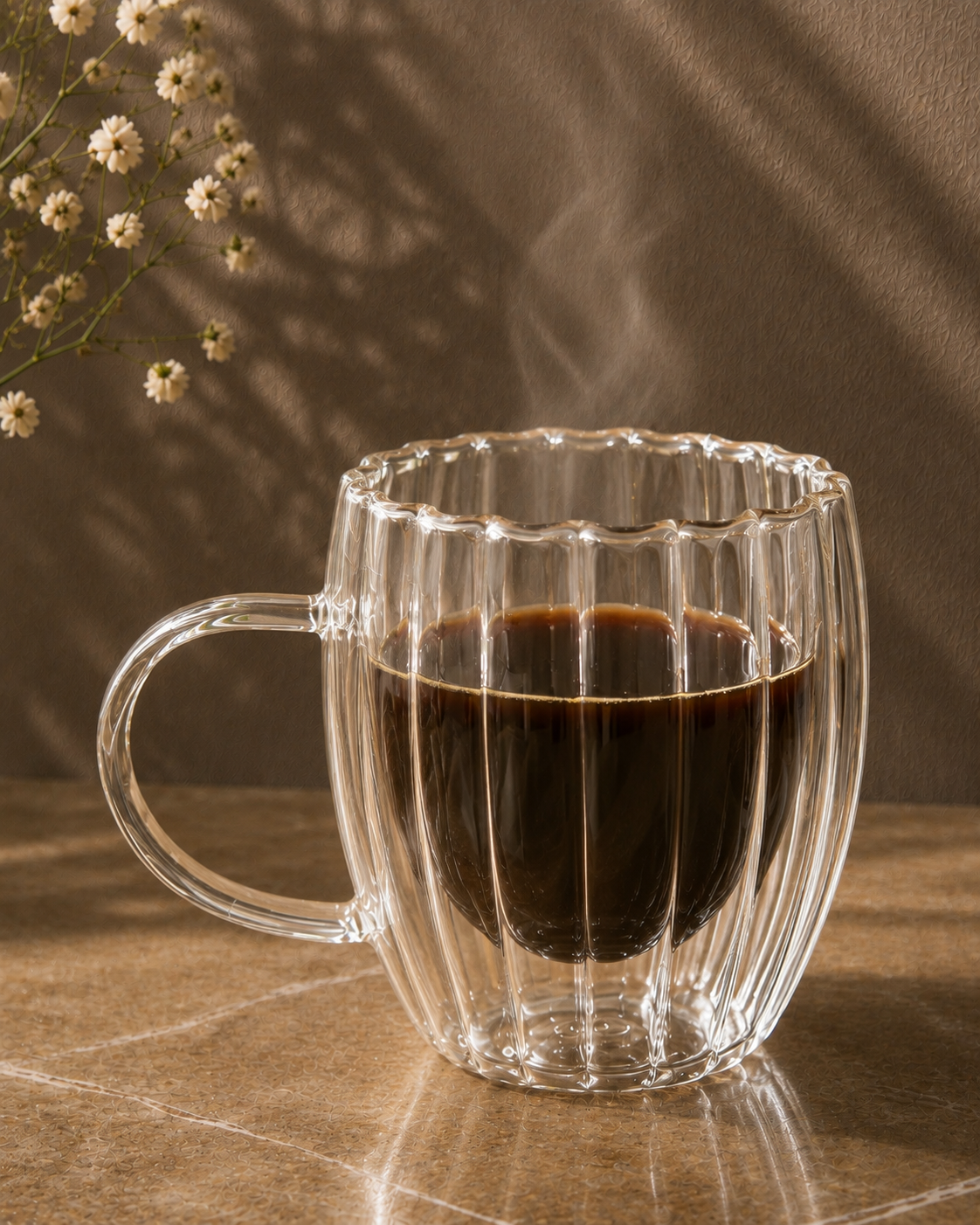 Fluted Double Wall Glass Mug Set | Coffee & Tea Cups| Set of 2