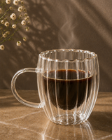 Fluted Double Wall Glass Mug Set | Coffee & Tea Cups| Set of 2